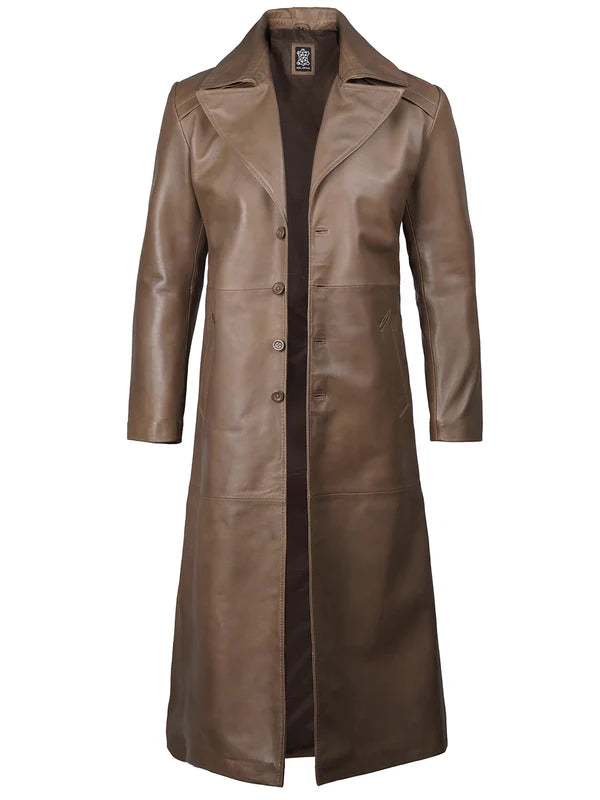 Brown Leather Long Men's Duster Coat